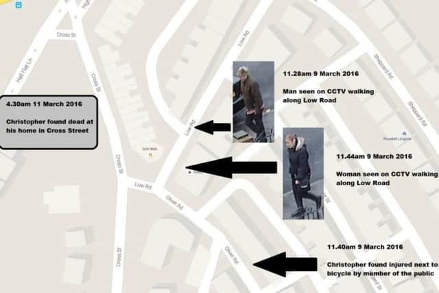 South Yorkshire Police investigating the death of Christopher Cumpsty, 43, who was found dead at his Balby home on March 11, have released these maps and CCTV images of people they believe may help them to trace his final movements.
