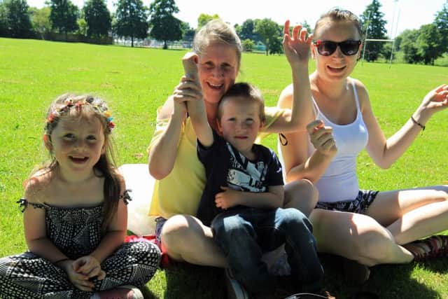 Fun in the sun at Town Fields in Doncaster. Pictured are Destiny Lowther, six, Jack Lowther, five, Sharon Mcilvaney, and Laura Marsh.