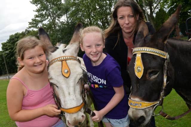 Amy McKay and Darcy Glynn-Wilson, both nine, pictured meeting Donkey's Jack and Jasper, with owner, Susan Smith. Picture: Marie Caley NDFP Cash Kids MC 4
