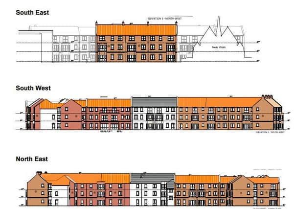 Elevations to show the extra care home facility that is to be built on land next to Peel Hill Motte on Church Street, Thorne,  Doncaster.
