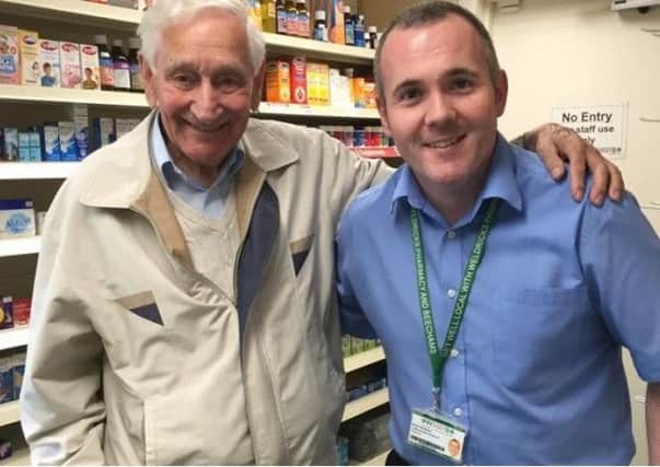 Grateful patient Ernest Wilkinson with life-saver pharmacist Stuart Hermiston.