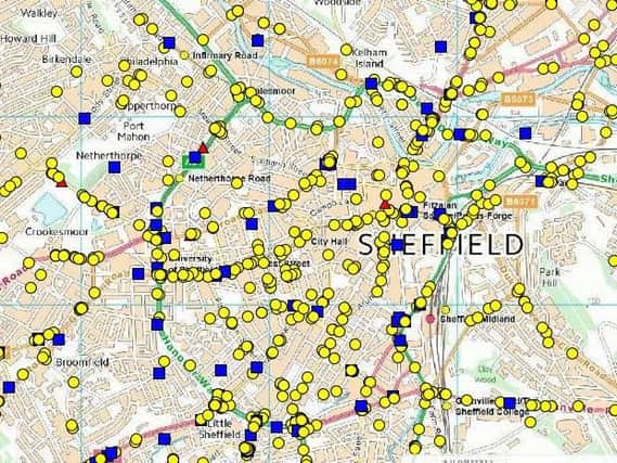 Sheffield accident blackspots (red fatal, blue serious, yellow slight)