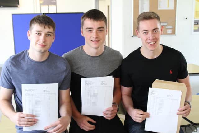 Left to right Josh Taylor, Brad Thomas and Adam Davies celebrating A-Level results at at De Warenne Academy