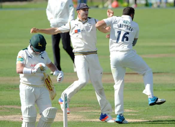 Tim Bresnan and Jack Brooks celebrate another wicket against Notts