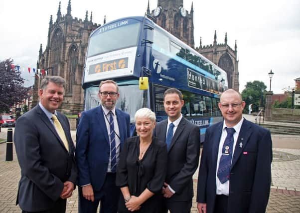 From left to right: Chris Roberts (Principal Public Transport Manager) SYPTE, Tom Finnegan-Smith (SCC Head of Strategic Transport and Infrastructure),
Denise LELLOTT (RMBC Cabinet Member for Jobs and the Local Economy), Alan Riggall (First South Yorkshire Head of Commercial), Sean Marsden