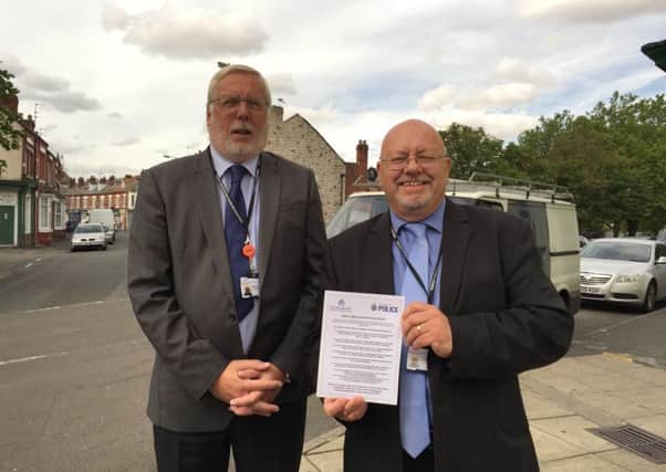 Pictured are Cabinet Portfolio Holder for Communities, the Voluntary Sector and Environment, Chris McGuinness, and Deputy Mayor and Hexthorpe councillor, Glyn Jones, holding up the conditions of the new Public Spaces Protection Order.