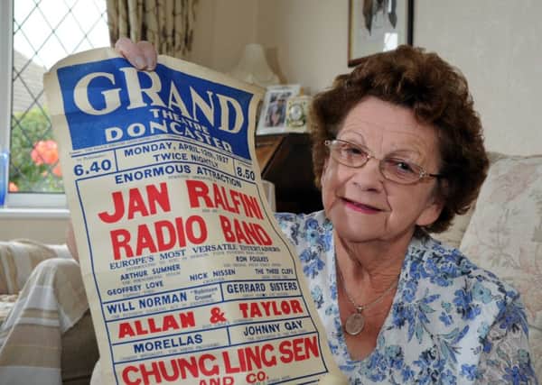 Margaret Herbert  of Edenthorpe, Doncaster seen with historic post from Grand Theatre
