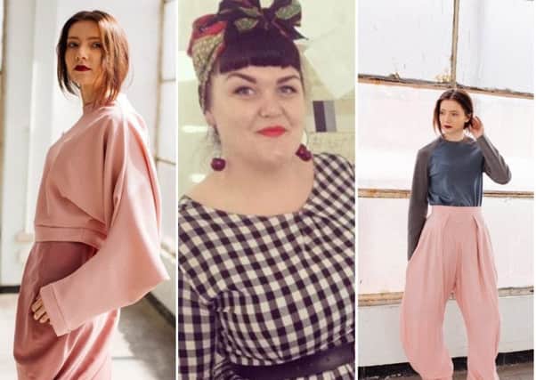 Sheffield-based clothes maker Lollo Wilson, (centre), and some of the clothes she designed (left and right)