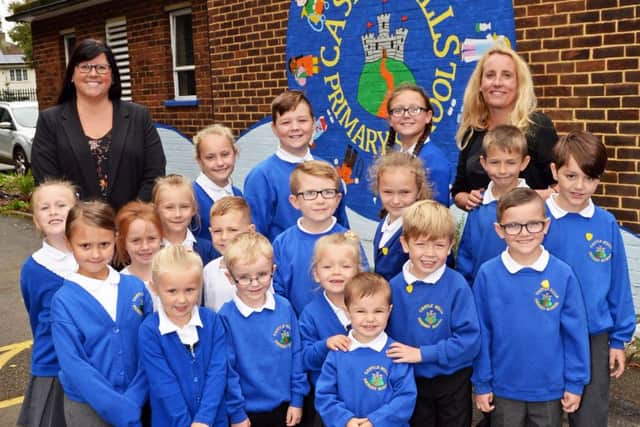 L-r Sarah McBride, Headteacher and Sarah Cronin, Deputy Headteacher, pictured with pupils at Castle Hills Primary as the school receives a good ofsted result. Picture: Marie Caley NDFP Castle Hills MC 2
