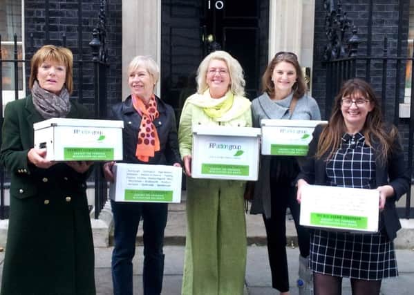 Doncaster campaigners are pictured outside Downing Street before handing in the petitions and letters of objection to HS2.