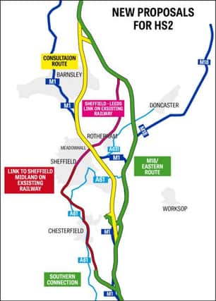 A map of the proposed new HS2 route. The new route is in green, the old route in yellow.