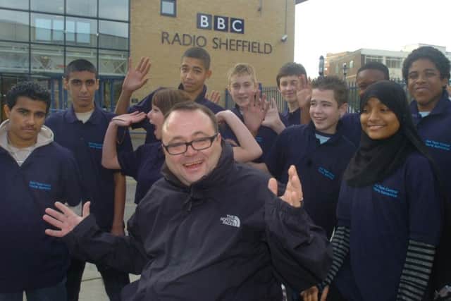 Pictured outside Radio Sheffield, where presenter Toby Foster met up with a group of young people from Hinde House, and City schools, who were launching their  comedy contest  for young people from 14 to 16.