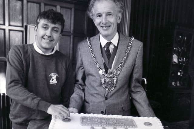 Tony Capstick of Radio Sheffield and the Lord Mayor of Sheffield, Cllr Peter Horton, pictured with the Radio Sheffield 20th Anniversary cake in the Mayor's Parlour at the Town Hall, Sheffield - 13th November 1987