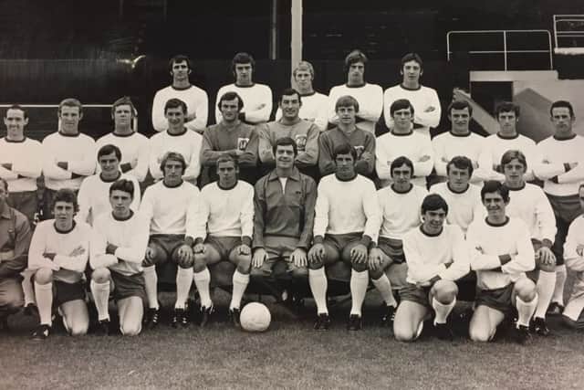 Doncaster Rovers 1970/71 squad: Back (l-r) Regan, Bird, Usher, Ferguson, Adamson; Middle (l-r) Gilfillan, Haselden, Grey, Rabjohn, G Johnson, Ogston, Finch, Branfoot, Clish, Briggs, Sheffield; Seated (l-r) Marsden, R Johnson, Irvine, McMenemy, Robertson, Kitchen, Watson, Young; Front (l-r) Straw, Brookes, Chambers, Sym