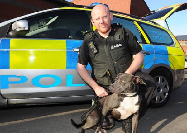 Sgt Matt Duffy with a dangerous dog that is set to be put down. Picture: Andrew Roe