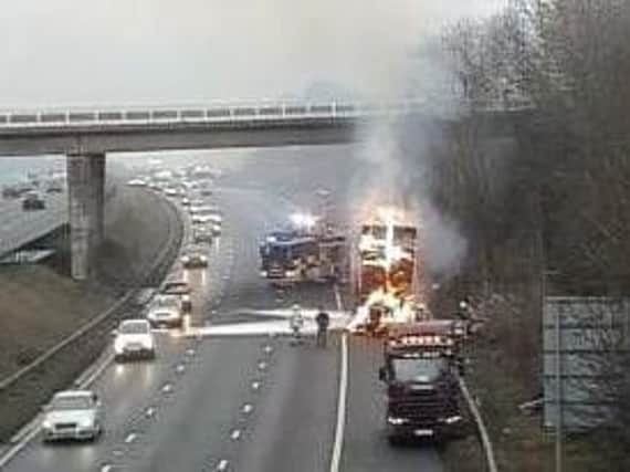 A lorry on fire on the M1 between junctions 37 and 38. Photo: Highways England.
