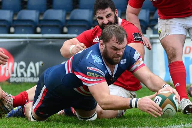 Jarad Williams scores his irst try for Doncaster Knights as they take the lead against Munster A. Picture Scott Merrylees