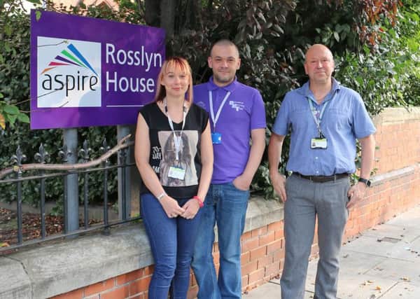 Aspire volunteer/peer mentor coordinator Lydia Rice (left) and service manager Stuart Green (right) pictured with peer mentor and SMART facilitator, Paul Walker (centre)