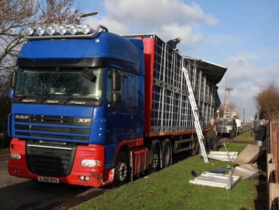 Lorry which was damaged by wind near Doncaster.