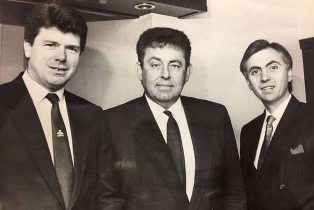 Doncaster Rovers board 1989. Mike Collett (chairman), Peter Wetzel (vice chairman), John Ryan (director)