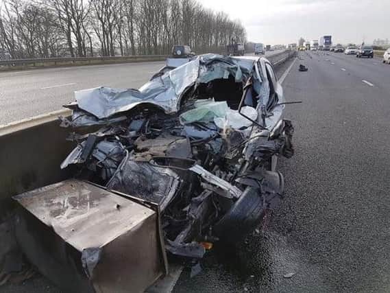 A car was destroyed in a motorway crash in South Yorkshire
