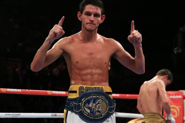 Gavin McDonnell celebrates victory over Oleksandr Yegorov which sealed the European super bantamweight title