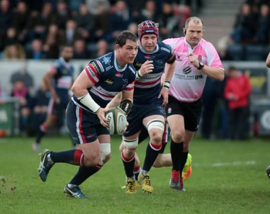 Aaron Carpenter leads the charge for Knights against  Yorkshire Carnegie. Photo by Glenn Ashley.