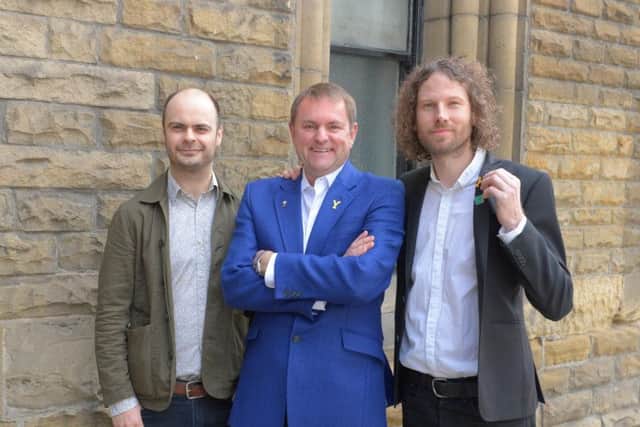 Kaiser Chief stars Nick "Peanut" Bainesand Simon Rix with Welcome To Yorkshire Chief Executive Sr Gary Verity. Photo Richard Walker.