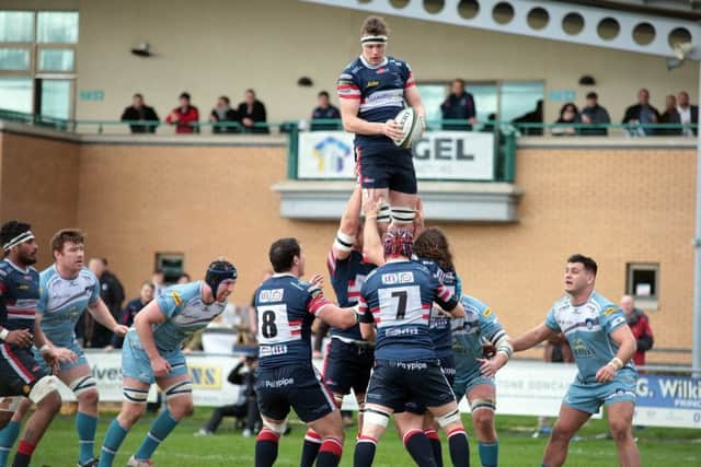Glen Young gathers from the line out, Doncaster Knights v Yorkshire Carnegie.