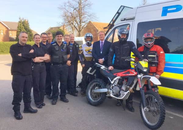 Partner agencies across Doncaster, including Doncaster Council and South Yorkshire Police, have carried out a joint operation throughout the town in a continued effort to tackle the problem of illegal off road motorcycles and quad bikes.
Photo caption: Some of the police and partnership staff who took part in the operation.