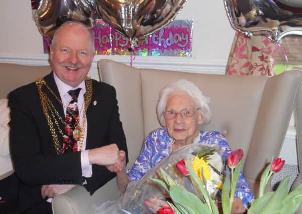 Evelyn Whalley with civic mayor David Nevett celebrating her 102nd birthday at The Beeches Care Home in Doncaster
