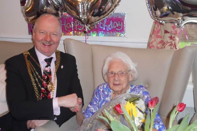 Evelyn Whalley with civic mayor  David Nevett celebrating her 102nd birthday at The Beeches Care Home in Doncaster