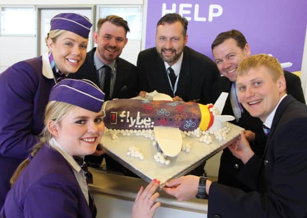 Photo caption: Flybe crew with Chris Harcombe, Doncaster Sheffield Airports head of aviation development, centre left.