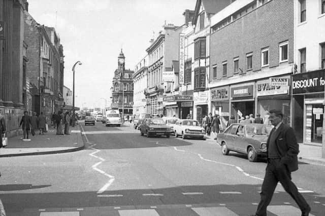 Abbey Road or Doncaster High Street? This 1976 looking towards Clock Corner features shops such as Singer, Visionhire, Evans and jewellery firm Ratners. (Photo: Chris Richmond).