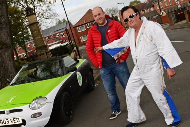 Richard as Elvis, pictured with co-driver Liam Cullingworth, before setting off on the rally