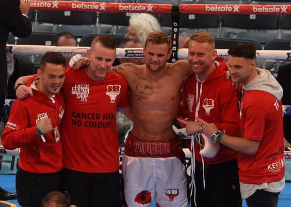 Stefy Bull (second from right) celebrates Andy Townend's victory over Jon Kays at Bramall Lane with his team