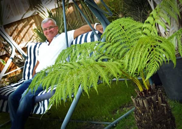 Tim Oakes, of Adwick has 24 varieties of palm tree in his exotic garden along with many other tropical plants. He is pictured here behind a Dicksonia antarctica Fern.  Picture: Marie Caley NDFP Oakes Garden MC 1