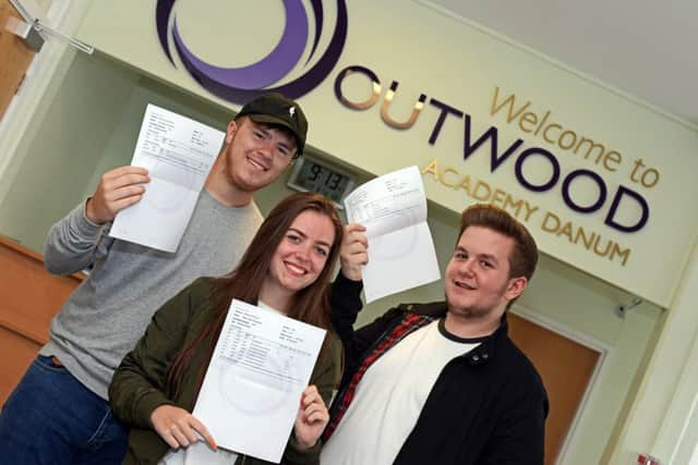 Celebrating their A level results at Outwood Academy Danum are l-r Alexander Boldy, 18, of Doncaster, recieved a triple distinction and a c and will study school sport and PE at Sheffield Hallam, Adele Woodiwiss, 18, of Wheatley, received 3C's and will study Adult nursing at Sheffield Hallam and Lewis Haddow, 18, of Intake, received 4C's and will continue his studies at Hull studying Business and HR. Picture: Marie Caley NDFP Alevels OutwoodDanum MC 2