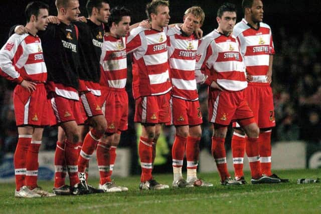 The Rovers players line-up nervously for the penalty shoot out.