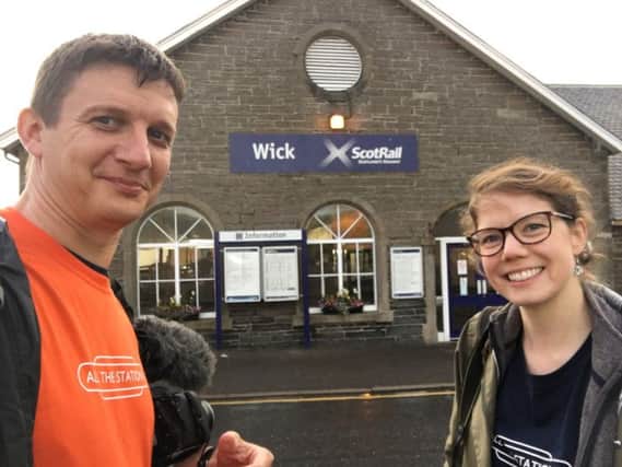 Geoff and Vicki at Wick - their final station. (Photo: All The Stations).