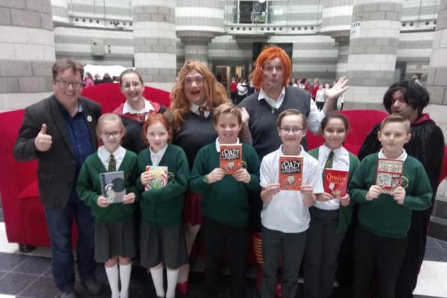 Youngsters from Edenthorpe Hall Primary Academy with actors from the Tailgate Theatre Company at the launch of the Doncaster Book Awards
