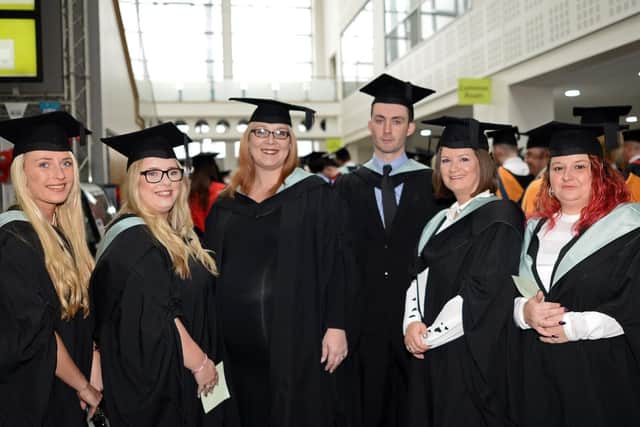 Lucy Taylor, of Intake, Jessica Allen, of Doncaster, Adele Holland, of Doncaster, Cameron Lee, of Barnsley, Carmen Hancox, of Mexborough and Amber Scott, of Doncaster, Criminal Justice (BA Hons) graduates. Picture: Marie Caley NDFP Graduation MC 3