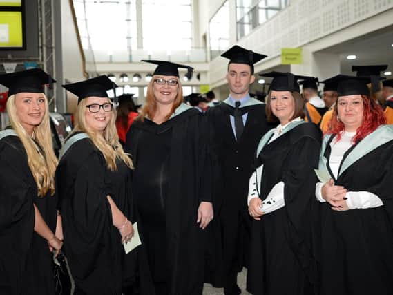 Lucy Taylor, of Intake, Jessica Allen, of Doncaster, Adele Holland, of Doncaster, Cameron Lee, of Barnsley, Carmen Hancox, of Mexborough and Amber Scott, of Doncaster, Criminal Justice (BA Hons) graduates. Picture: Marie Caley NDFP Graduation MC 3