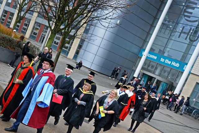 The procession, leaves the Hub at Doncaster College, making its way towards the Minster.  Picture: Marie Caley NDFP Graduation MC 9