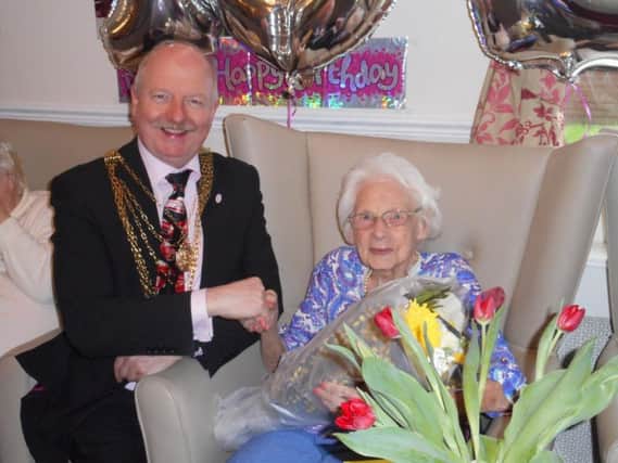 Evelyn Whalley marks her 102nd birthday with civic mayor David Nevett earlier this year.