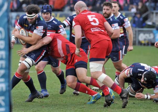 Morgan Eames  of Doncaster Knights charges towards the  Bristol line in the B & I Cup.