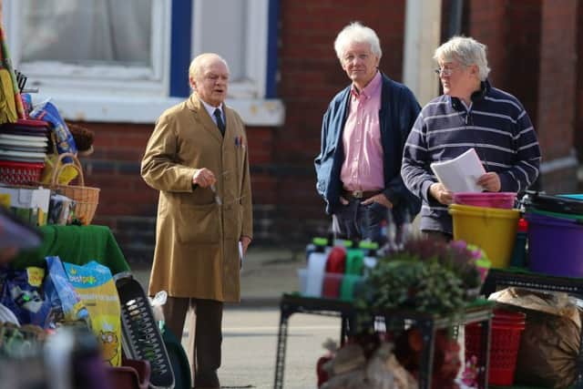 David Jason with writer Roy Clarke on set in Doncaster for Still Open All Hours which has started filming for a new series due to be shown by the BBC in 2015. All the familiar faces were on set today with some new additions to the cast. Tom Maddick / Rossparry.co.uk