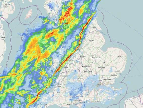 This radar image shows the squall line (the thin band of bed) passing across Yorkshire earlier this morning. Pic netweather.tv