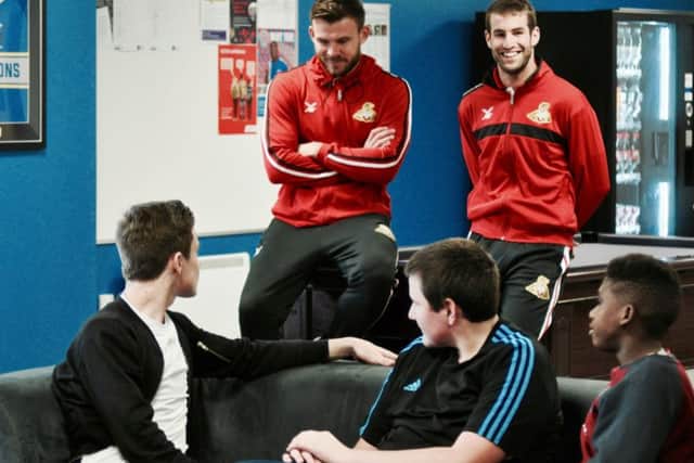 Matty Blair speaks to Club Doncaster Sports College pupils along with Andy Butler