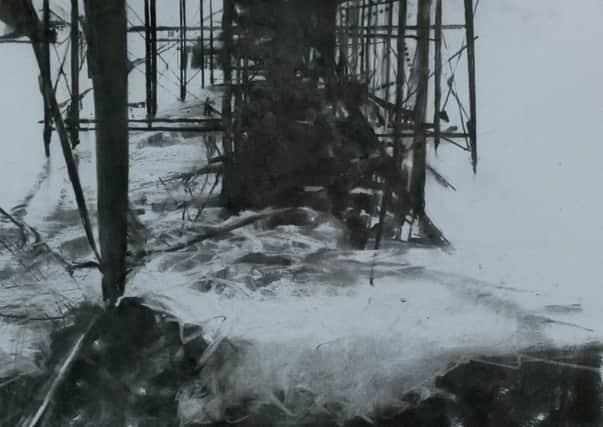 Adam Berry from Stainforth, Doncaster for his charcoal ' Bright Lights Big City, Underneath Brighton Pier No.2 (A walk along the rusty pier No.2)'